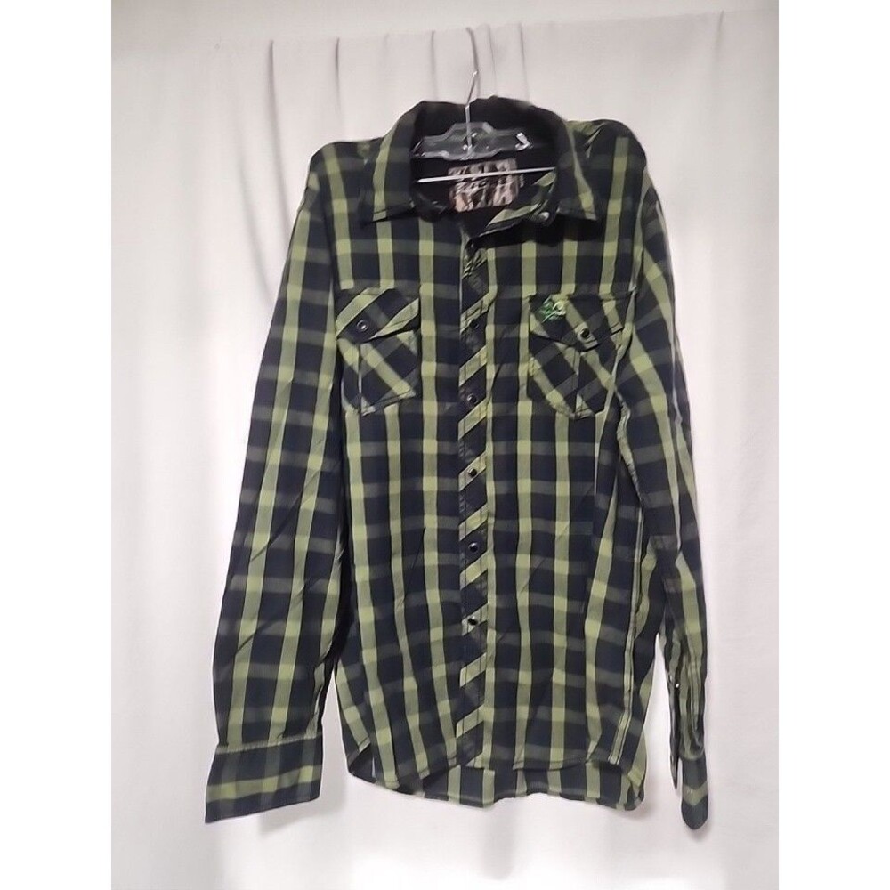 Real Tree Men's Long Sleeve Shirt Navy/Green Plaid Snap Up Size M
